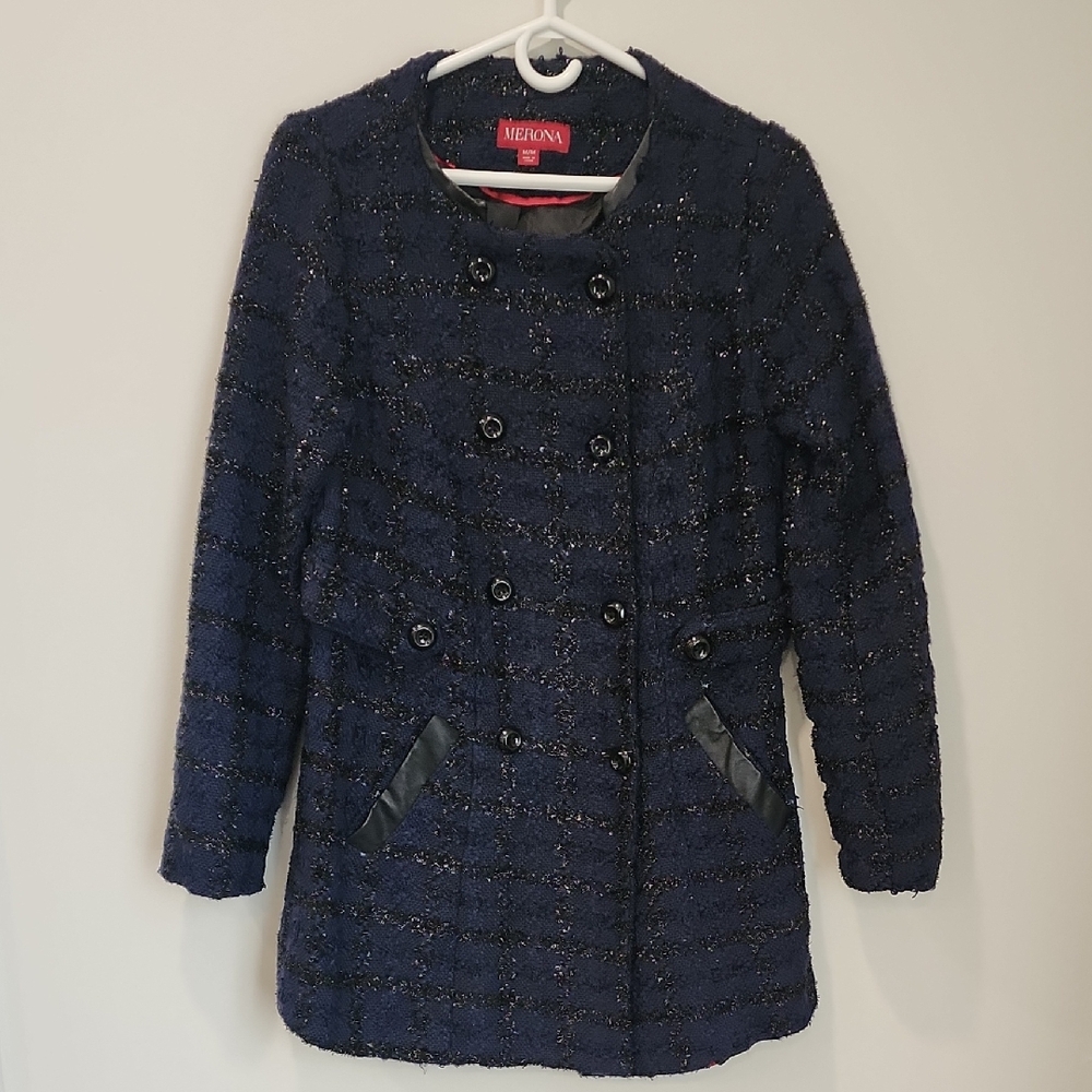 Merona Women's Dark Blue And Black Textured Pea Coat With Leather